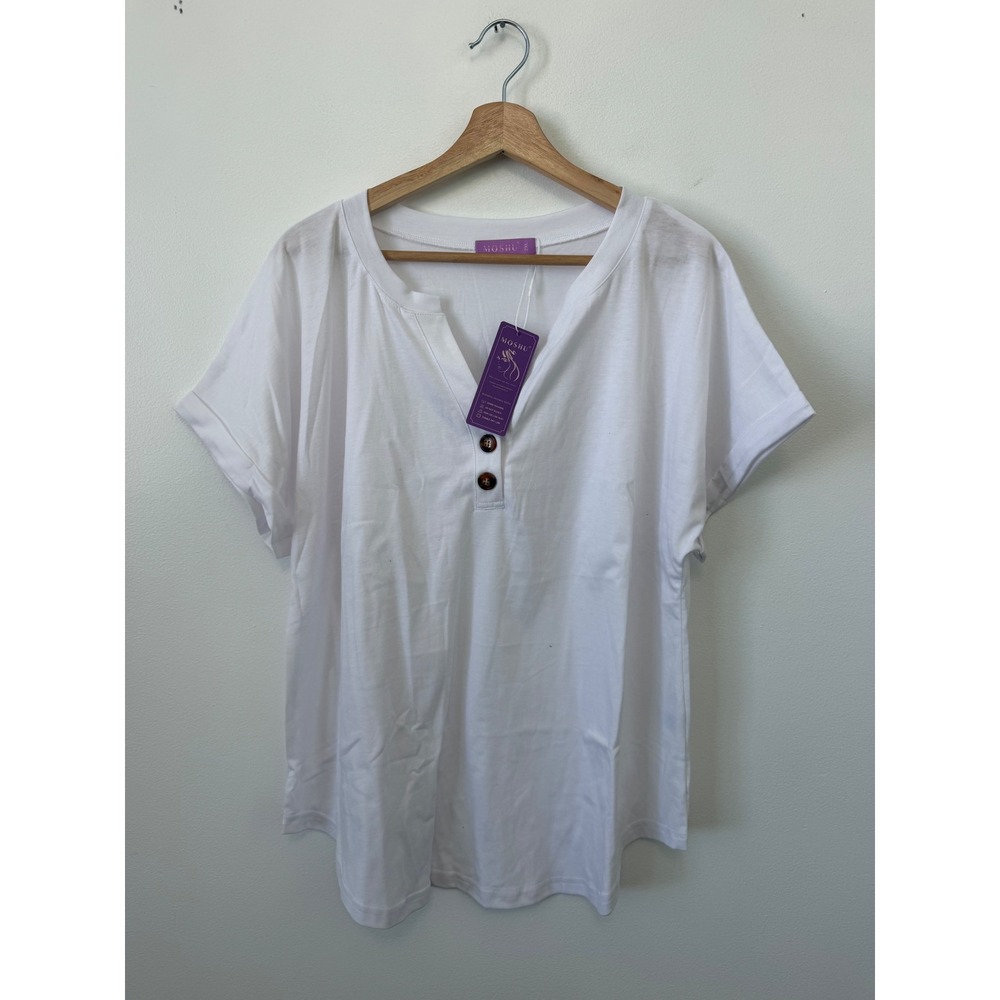 MOSHU Women's Short Sleeve V-Neck Top with Buttons – White – Size 2XL – NWT